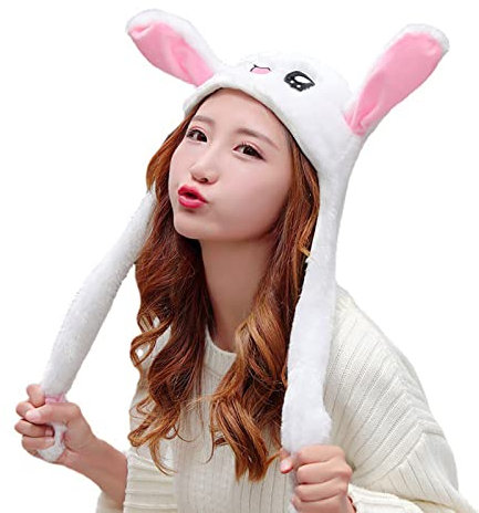 AWCIGG Peluche Bonnet Lapin Oreilles qui Bougent pour Fille Chapeau Lapin Oreille qui Bouge Cadeau Drole pour Femme Enfant Pour Cosplay Noël Pâques Fête Taille Unique