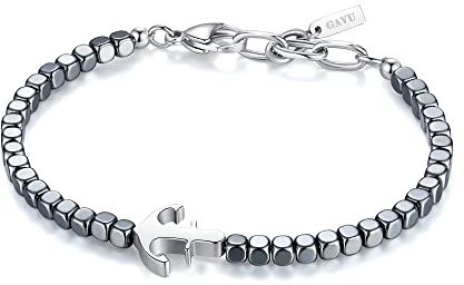 GAVU Hämatit-Quadrat-Perlenarmband mit Anker-Charme für Männer