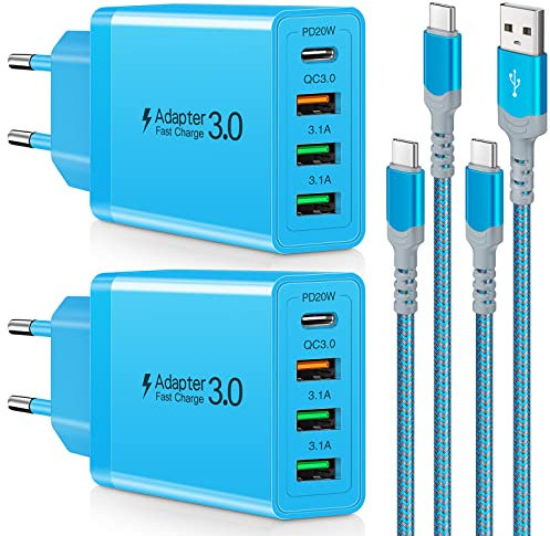 2 Stück 35W USB C Ladegerät [4-Port Upgrade], Acezeek Schnellladegerät USB Stecker mit Wandladegerät mit 2 Stück 6.6Ft 60W USB C Ladekabel kompatibel für Samsung,LG,Google Pixel 6 Tablet (Blau)