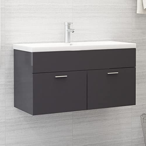 puraday Waschbeckenunterschrank Hochglanz-Grau Waschbeckenunterschrank Holz Waschbeckenunterschrank HäNgend Waschbecken Mit Unterschrank BadezimmermöBel 90x38,5x46 cm mit Einbaubecken
