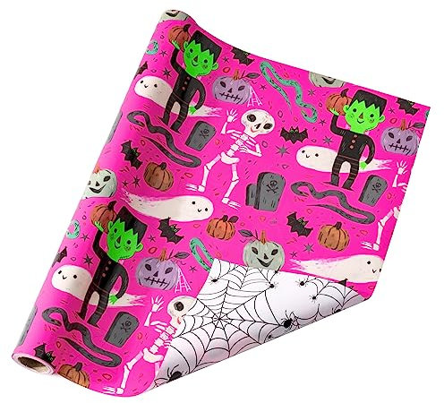 Holijolly Wendbares Halloween-Geschenkpapier – Skelett, Grab, Kürbis, Schlange, einzigartige Halloween-Elemente und Spinnennetz-Design – 43,2 cm x 10 m (46,45 Quadratfuß)