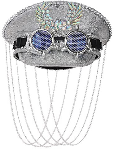 COSDREAMER Damen Burning Man Pailletten Hut Festival Militär Kapitän Hüte mit Brille (C)