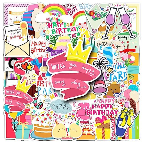 50 Stück Alles Gute zum Geburtstag Aufkleber Pack Happy Birthday Sticker Set Wasserdichte Vinyl Sticker für Laptop Kinder Autos Motorrad Fahrrad Skateboard Gepäck Koffer Aufkleber Graffiti Decal