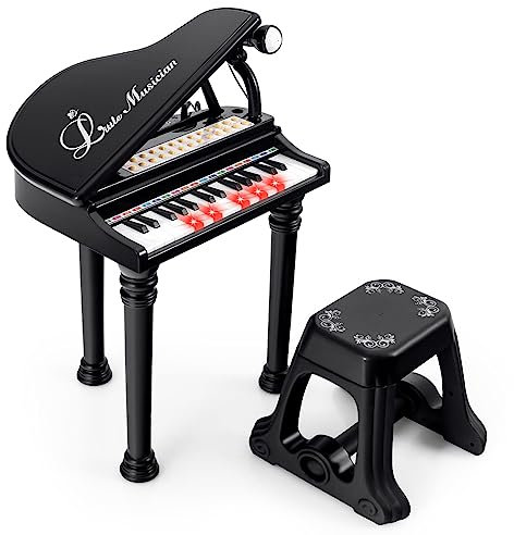 COSTWAY Tastiera Pianoforte a 31 Tasti per Bambini con Microfono e Sgabello, Tasti Giocattolo Portatile con Modalità di Insegnamento a LED, Pianoforte a Coda per Bambini 3+ Anni (Nero)