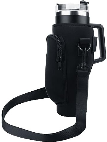PEUTIER Porte-Bouteille d'eau avec Poche pour Téléphone pour Stanley, Réglable Sac de Transport pour Bouteille d'eau Porte-Bouteille d'eau avec Sangle pour Stanley 1,18 L (Noir, Manchon Non Inclus)