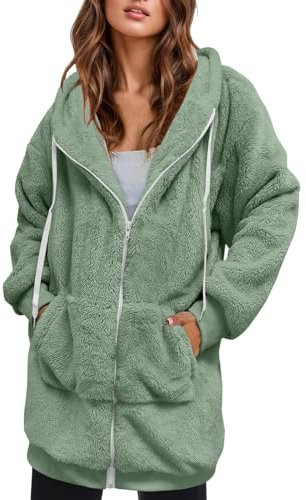 EMATOP Fleecejacke Damen Lange Baumwolle Sweatjacke Casual Langarm Pullover mit Kapuze Sweatshirt Jacke Warm Teddy Flauschjacke Lose Einfarbig Kapuzenjacke Herbst Winter Sport Plüschjacke
