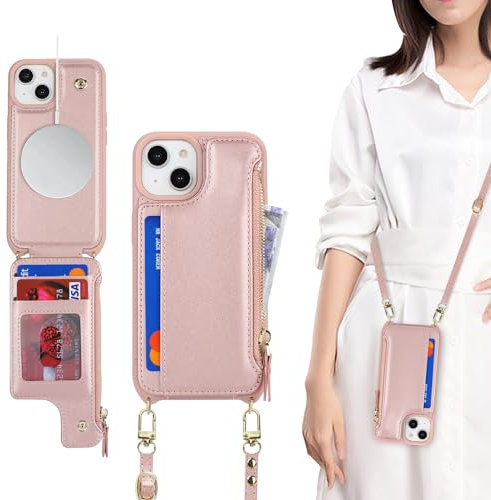 SailorTech for iPhone 15 Plus Case with Credit Card Holder magsafe, iPhone 15 Plus Phone Leather Case Wallet for Men Crossbody with mag safe Zipper Shockproof Case for Women - Rose Gold