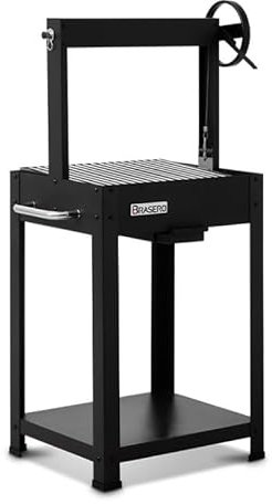BRASERO - Barbecue Charbon et Bois Arona - Grilles en Acier chromé de 49 x 40,5 cm réglables en Hauteur - Grill à manivelle - Poignée - Bac à Charbon, Noir