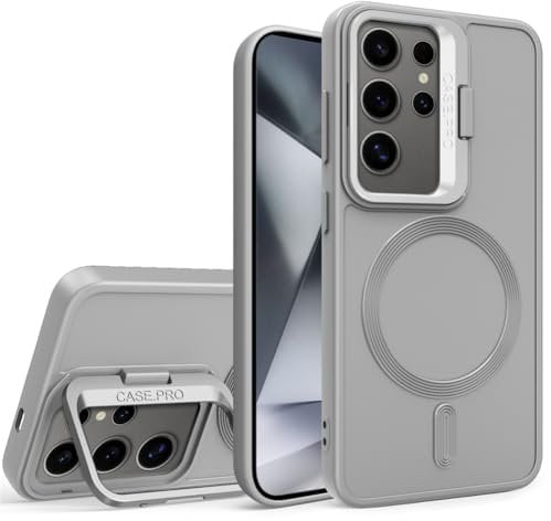 IMEIKONST Case Compatible with Samsung Galaxy S23 Ultra Case with Wireless Charging Bulid in Camera Cover Full-Around Protective Bumper 2 in 1 Stand Shell for Samsung S23 Ultra. Grey DJT