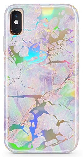 JIAXIUFEN Phone Cover Case Compatible with iPhone Xs Max Holographic Plating Marble Design Protective Shockproof Slim TPU Protective Phone Case for iPhone Xs Max, Iridescent Opal