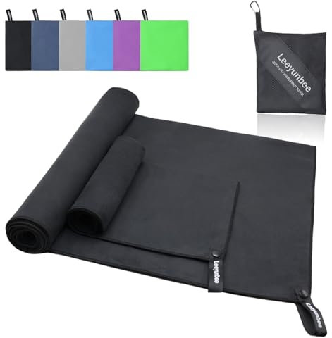 Leeyunbee Mikrofaser Handtuch 2er Set - 160 x 80 cm Badetuch Groß + 80 x 40 cm Klein Handtuch, Schnelltrocknend Sporthandtuch, Kompakt Microfaser Handtücher, als Reisehandtuch, Strandtuch (Schwarz)