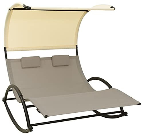 Double sun lounger with taupe and cream textilene awning