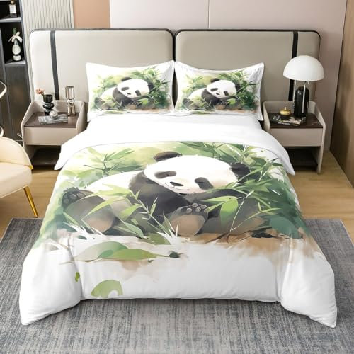 Feelyou Panda-Bettwäsche-Set, niedliches Tier, 100 % Baumwolle, 100 % Baumwolle, Bettbezug für Kinder, Jungen, Mädchen, Cartoon-Bettwäsche-Set, Botanzblätter, Steppbezug, Doppelgröße