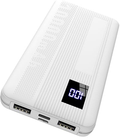 Dbasne Bateria Externa, 10000mAh Power Bank, 15W Carga Bateria Portatil USB C Input & Output, 4 Puertos Cargador Portatil con LED Compatible con iPhone 15/14/13 Samsung Xiaomi etc Smartphones Blanco