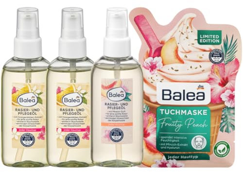 Balea 4er-Set Hautpflege: Rasier- und Pflegeöl mit ORANGENBLÜTEN-Extrakt für sanfte Rasur (2 x 75 ml) + Rasier- und Pflegeöl mit PFIRSICH-Duft (75 ml) + Tuchmaske FRUITY PEACH Hyaluron (1 St), 225 ml
