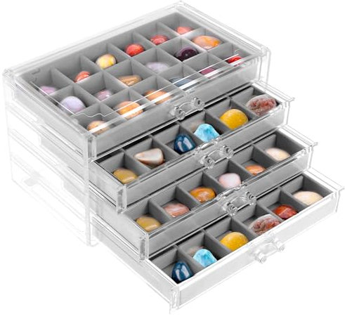 Gatphy Rock Display Case, 4 Drawers Rock Collection Box 72 Grids Rocks Collection Display Case Acrylic Jewelry Box Clear Gemstone Crystals Storage Boxes (Grey)