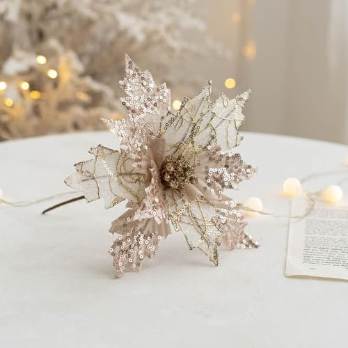 Anevous 6 Stück Pailletten Weihnachtsblume, Künstliche Blumen zu Weihnachten, Glitzer Künstliche Weihnachtsstern Deko Blumen für Weihnachtsbaum, Hochzeit, Ornamente,Champagner