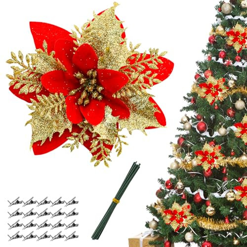 Bacucine 24PCS Poinsettia Flor Purpurina Flores Artificiales de Navidad con Clips Tallos Poinsettias Decoraciones de Navidad para el Hogar Decoración del Árbol de Navidad Corona de Navidad (Rojo)