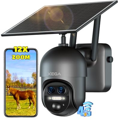 Xega 4G LTE 【12X Zoom Híbrido】 Cámara Vigilancia Exterior con Sim,2K HD PTZ Doble Lente Camara Solar Sin Cable con 10400mAh Batería,Inalámbrica, Visión Nocturna,PIR/Humana Detección, TF & CloudIP66