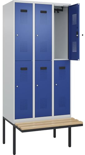 kaiserkraft | Doppelstock-Spind Evolo Plus Sitzbank | 3 Abteile | lichtgrau/enzianblau | B 900 mm | Zylinderschloss | mit auskragender Sitzbank | Buche