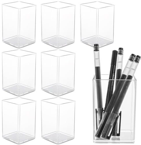 LOLYSIC 8 Pack Clear Pen Pots Acrylic Pen Holders Square Pencil Holders Desktop Pencil Pot Organisers for Office Classroom Home Supplies