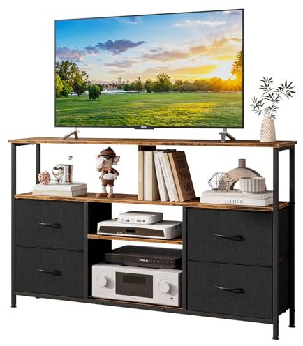 Mobile TV, Tavolino Porta TV fino a 55 Pollici con 4 Cassetti in Tessuto e Mensola Regolabile, Supporto TV in Legno e Metallo, con Piedi Regolabili, Adatto per Soggiorno, Camera da Letto, Ufficio