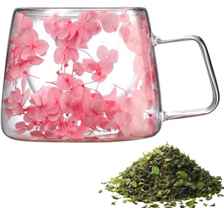 Taza transparente con flores | Taza de café de flores de 200 ml | Taza de café de primavera | Taza de flores secas con asa, tazas de flores creativas con aislamiento de doble pared para café, té,