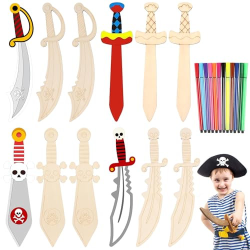 lomdung 12 Pièces Peinture D'épée de Pirate avec 12 Stylos de Couleur, Décoration en Bois D'épée de Pirate, Épées Pirate D'enfants, Épées de Pirate à Personnaliser, pour Loisirs Créatifs Fête