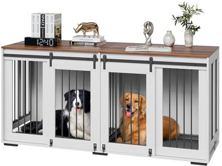 VEVOR 72 Dog Crate Furniture for 2 Dogs, Double Dog Crate Furniture with Double Sliding Doors, Large Dog Crate TV Stand with Removable Tray, Steel Frame Dog Crate for Small Medium Large Dogs White