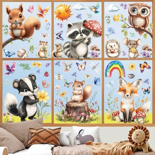 Fensterbilder Kinderzimmer Fensteraufkleber Frühling Kinder Fensterbild Waldtiere Regenbogen Blume Schmetterling Fenstersticker Fenster Abziehbilder Fensterdeko (Tiere)