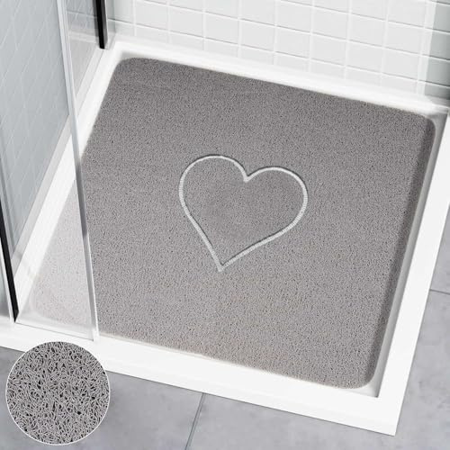 Nicoman Square Bath Mat Non Slip Anti Mould, 60 cm Love Bath Mats for Inside Shower, Sector Bath Mats with Drain, Toilet Bathroom Floor, PVC Bathtub Mat for Couple