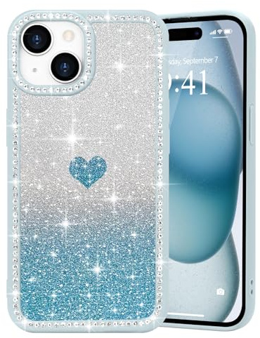 Micoden Clear Case for iPhone 15 with Heart Bling Diamond-Blue | Cute Removable Glitter Pattern Card,Sparkly 3D Rhinestone TPU Bumper,Camera Protective Shockproof Cover for Women Girls