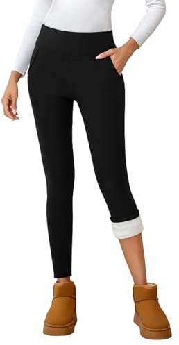 EDOTON Thermal Ladies Leggings Women Fleece Lined High Waisted Legging with Pockets Winter Warm Pants for Outdoor Home (Black, M)