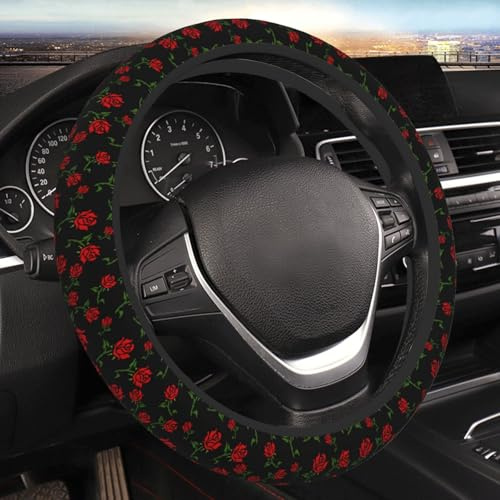 Lenkrad Abdeckung Schöne Rote Blume Auf Einem Schwarzen Lenkradhülle Anti Rutsch Bequem Elastisch Lenkradschoner, Für SUV, Truck, Die Meisten Autos, 38cm