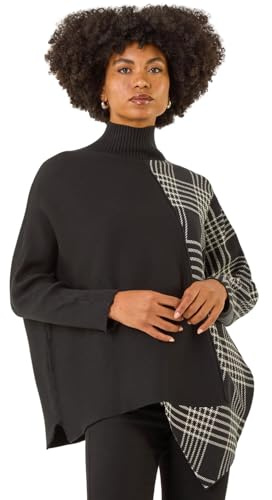 Roman Originals Plaid High Neck Knit Jumper for Women UK - Ladies Everyday Autumn Winter High Neckline Comfy Soft Evening Vacation Work Party Night Out