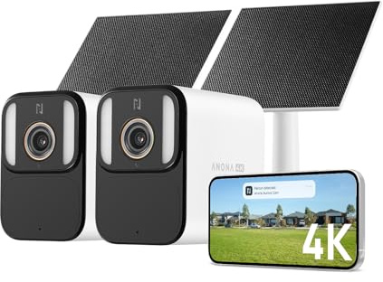 Anona Aurora 4K Solar Security Cameras Wireless Outdoor, Forever Power with Solar Panel, 8MP Color Night Vision, 24/7 AOV Recording, No Monthly Fees, AI Detection, Easy Setup, 2.4 G WiFi, IP67, 2 Pack