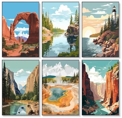 Auroriel 6 Pièces Peindre par Nombres Set pour Adultes Débutants Parc National Toile Peindre par Nombres sans Cadre Paysage du Parc National Peinture À l'huile par Nombre