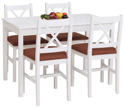 Mendler Esszimmer-Set HWC-F77 110cm Holz - weiß Polster terrakotta | Sitzgruppe, Esszimmergruppe, Massiv-, Kiefer, Stoff, Landhaus