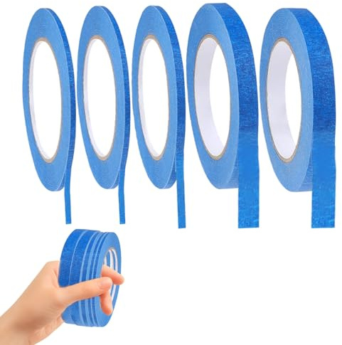 VINZOR 5 roll Blau Fine Line Tape, 5/8/10/12 mm x 50 m Zierstreifenband Masking Tape Band, Malerkrepp Selbstklebendes 4 Breiten Kreppband mit feiner Linie für Auto Schule Büro Heimwerkerprojekte