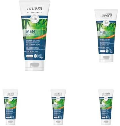 Lavera Duschgel 3 in 1 Men Sensitive • Guarana Bio und Bambus Bio • Vegan • Kosmetik natürlichen • Pflanzenwirkstoffen Bio • 100% Natur (200 ml) (Packung mit 5)