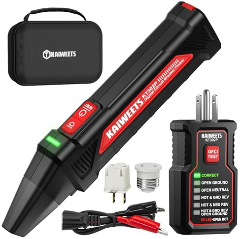 KAIWEETS Circuit Breaker Finder Tool Kit, GFCI Outlet Tester with Dual-Sided LED Indicators, Electrical Circuit Tracer Tool with Flashlight, Includes Carrying Case and Adapters- KT302P