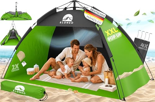 ELONEO Pop Up Strandmuschel UV Schutz 50+ | Strandzelt XXL 220x150x130 cm | Leichter Aufbau und kleines Packmaß inkl. Tragetasche | Strand Sonnenschutz & Windschutz für Babys und Erwachsene