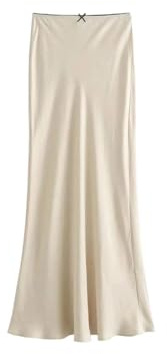 Women's Extremely Simple Satin Long Dress, Elastic Waist, Elegant Dress, Suitable for Office, Party, and Daily Street Photography Beige