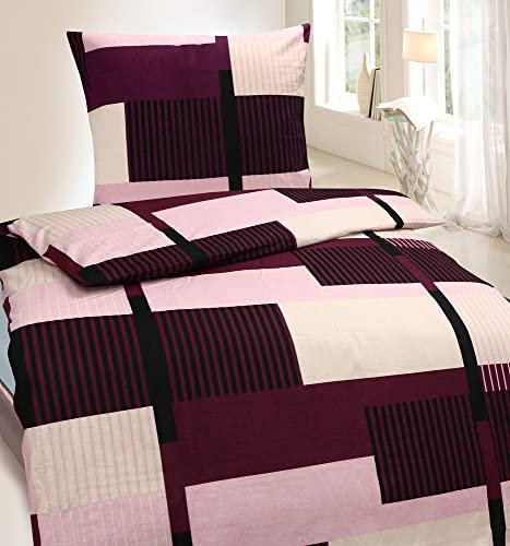 Hochwertige Biber Bettwäsche Baumwolle Grafisch 155x220 80x80 Set 2tlg, Farbe Pink