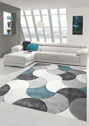 Designer und Moderner Teppich Kurzflor mit Tropfen Muster in Türkis Grau Beige Größe 80 x 300 cm