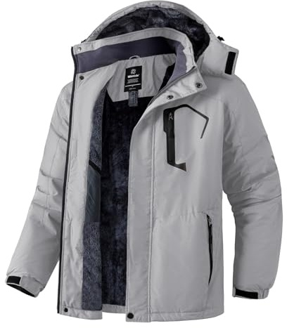 Wantdo Homme Veste de Ski Isolante Imperméable Veste Hiver Chaude Veste de Pluie Coupe-Vent Blouson de Ski Snowboard Veste d'hiver à Capuche Amovible Gris Clair L