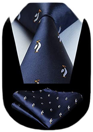 HISDERN Marineblau Krawatte für Herren Pinguin Hochzeit Taschentuch Business Klassisch Krawatte und Einstecktuch Set