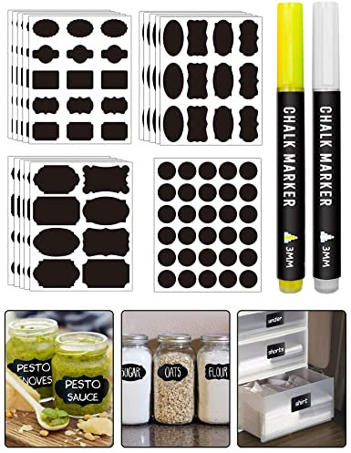 Chalkboard Labels, 205 Pcs Waterproof Reusable Blackboard Stickers Removable for Kitchen Organize, Jar Freezer Food Black Label Stickers with 2 Chalk Pen Marker