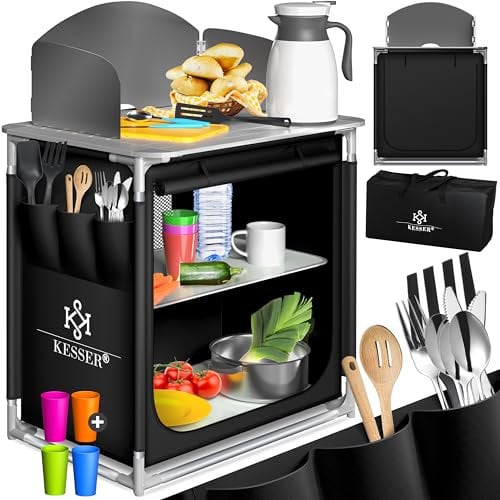 KESSER® Campingküche | Ink. Tragetasche | Campingschrank | mit Aluminiumgestell | Reiseküche | Küchenbox | Zeltschrank | Outdoor Camping Küche | Modelle wählbar (Schwarz, Typ F2)