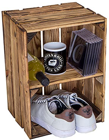 Holzkiste Bella geflammt40 x 30 x 25cm Weinablage Weinaufbewahrung Kindeschuhregal Bücherregal Ablageregal Möbel-Kiste | Wein-Kiste | Obst-Kiste | Apfel-Kiste (1er set, Bella mit kurzem Brett)